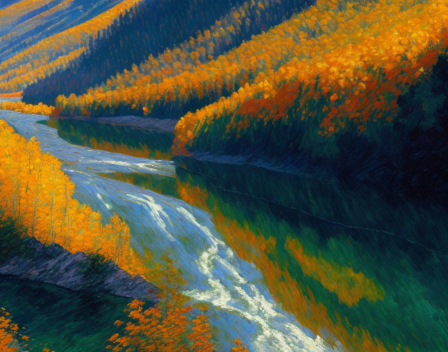 Vibrant autumn forest with flowing river in soft light