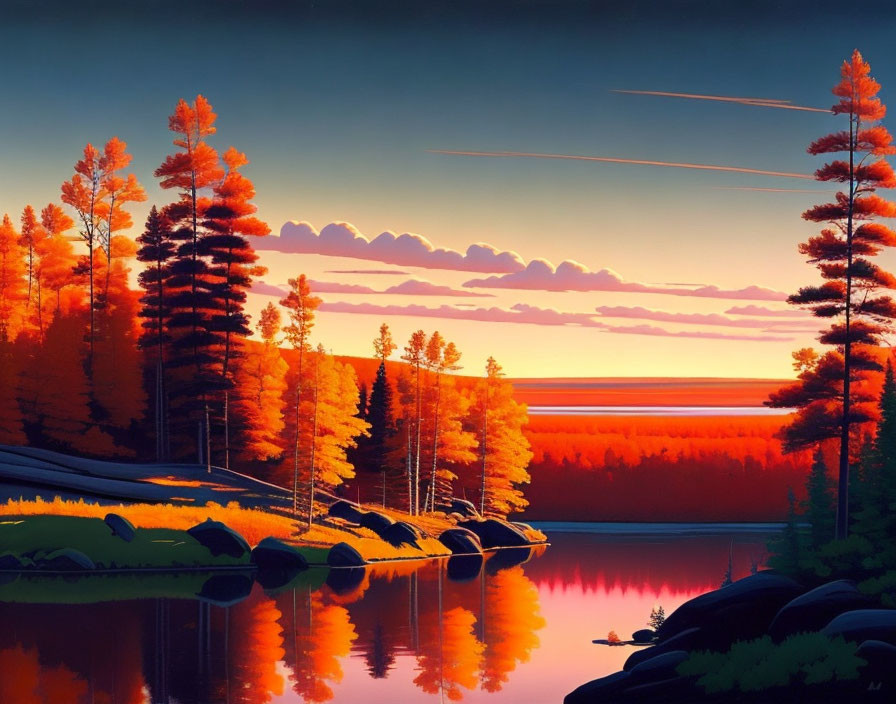 Tranquil sunset over calm lake with vibrant hues and silhouetted pine trees