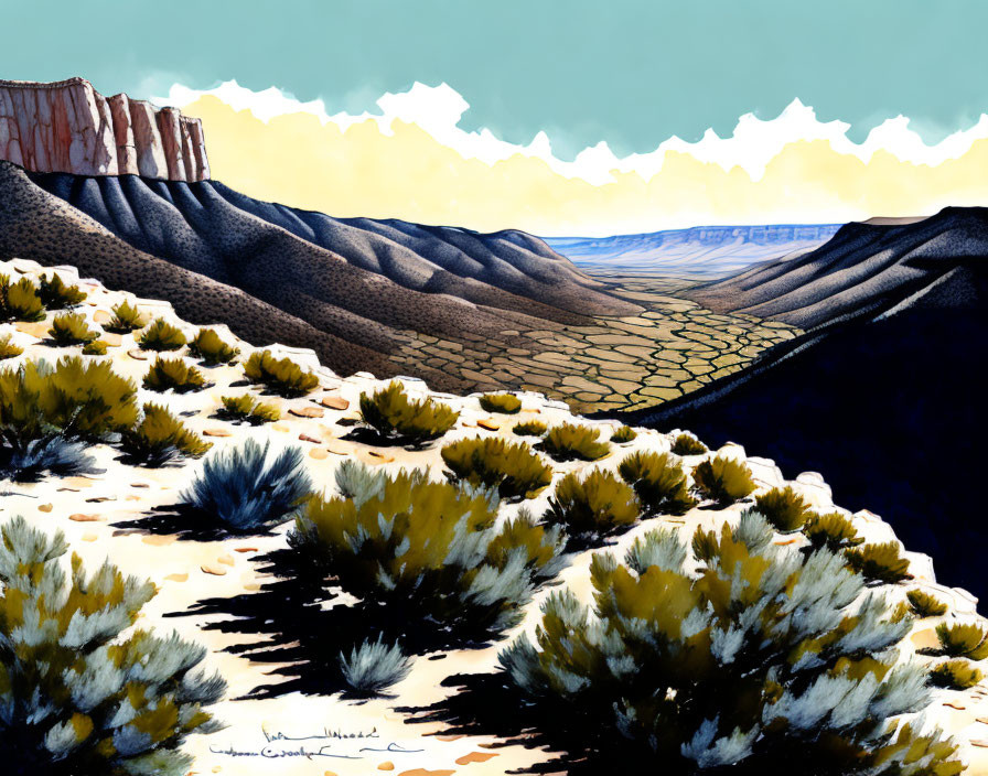 Illustrated desert landscape with rolling hills, cracked earth, cliffs, and blue sky.