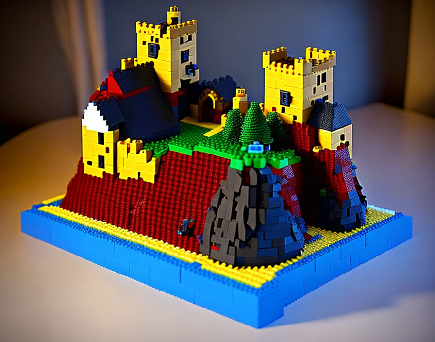 Vibrant Lego castle with yellow, red, and blue colors in scenic landscape