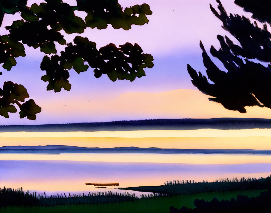 Serene lake at dusk: colorful watercolor painting