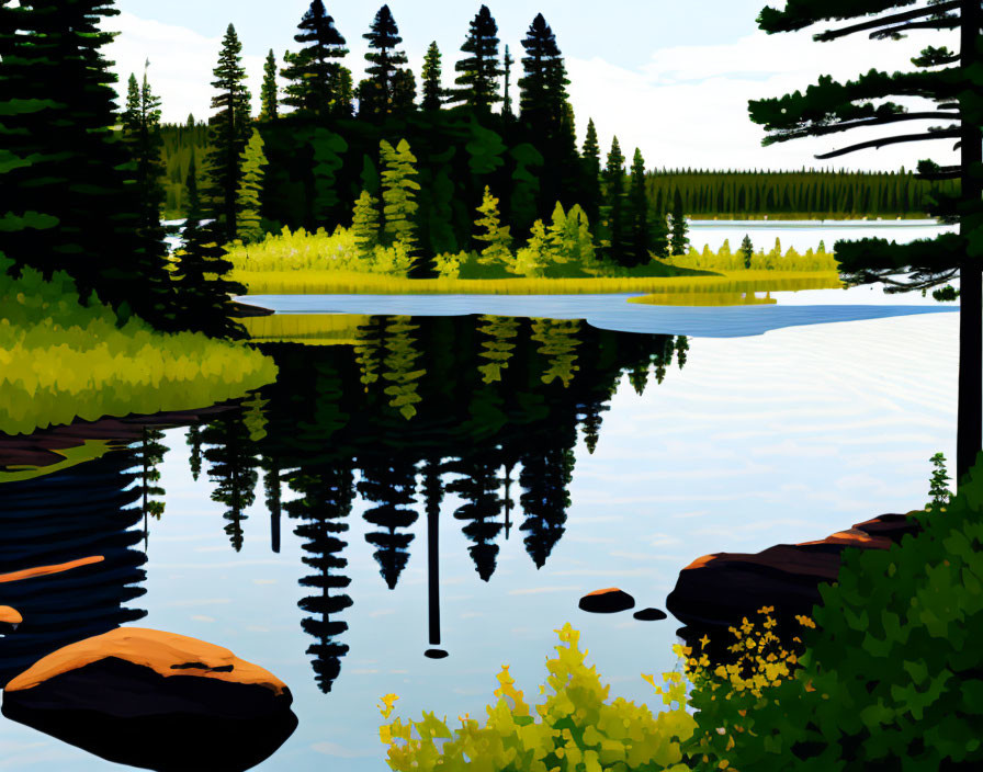 Tranquil lake with lush tree reflection and clear sky in stylized graphic art