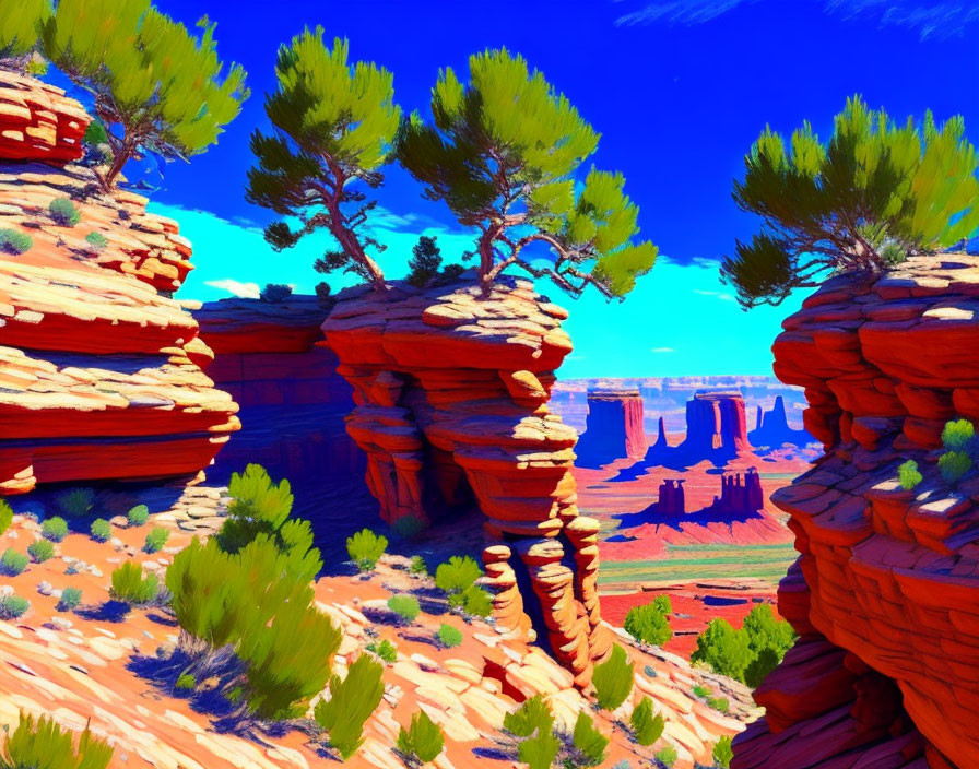 Colorful desert landscape with blue skies, red rocks, and green trees