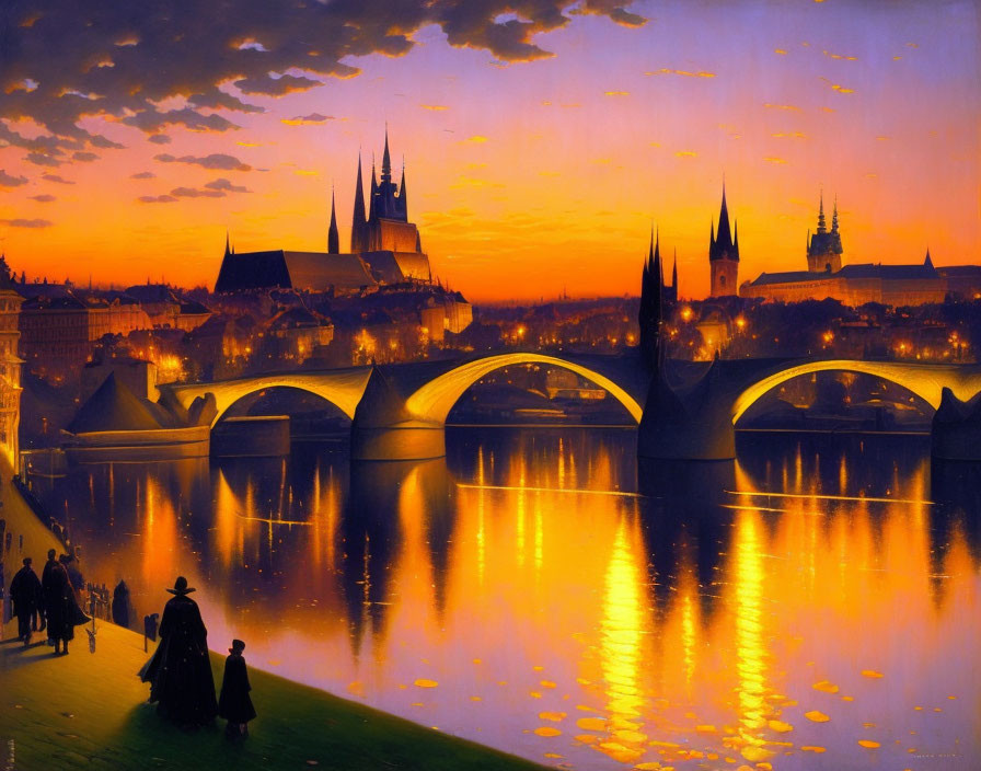 Colorful sunset over calm river with silhouetted figures and arched bridges.