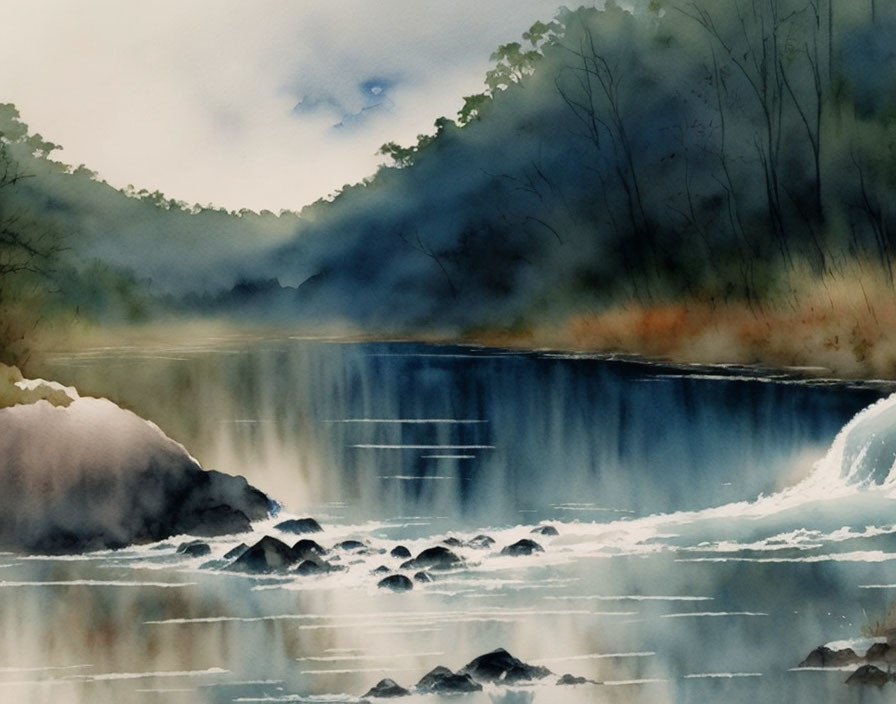 Tranquil watercolor painting of serene river and waterfall