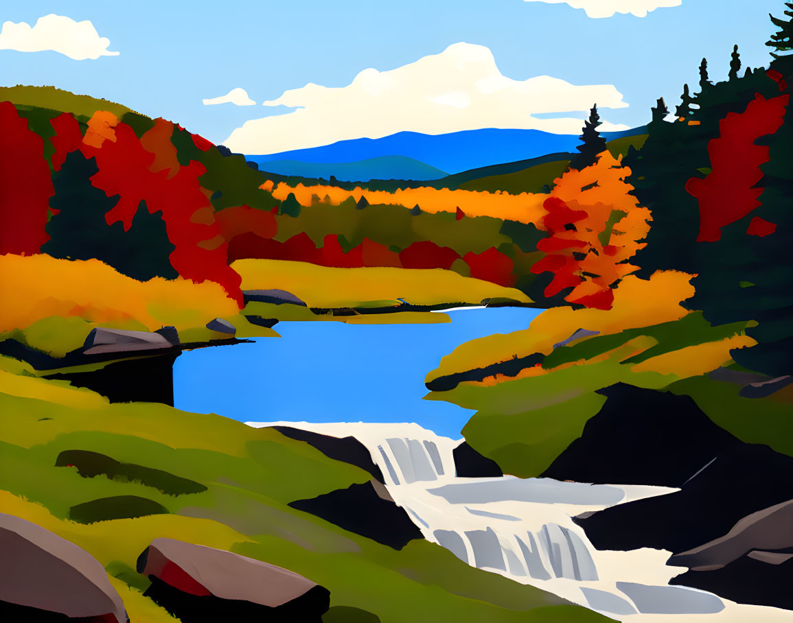 Autumn landscape digital painting with waterfall, river, colorful foliage, mountains, and blue sky