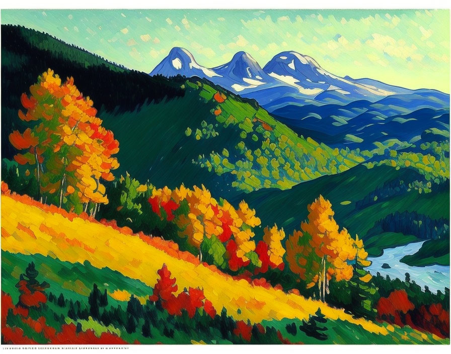 Colorful Autumn Landscape with Rolling Hills & Majestic Mountains