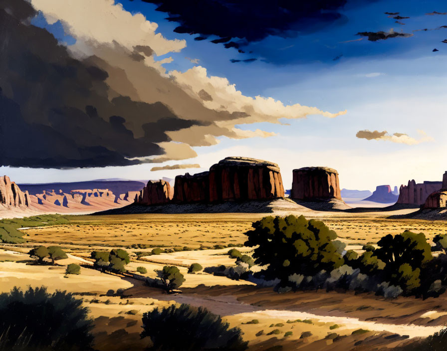 Desert landscape with buttes under dramatic sky and shrubs.