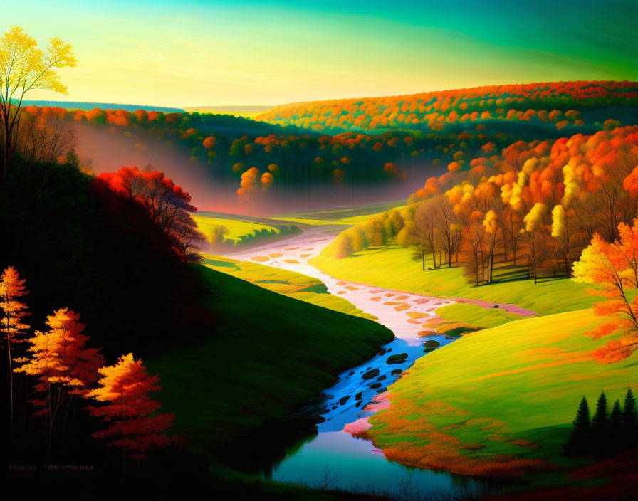 Colorful Fall Landscape with Meandering River and Reflective Trees