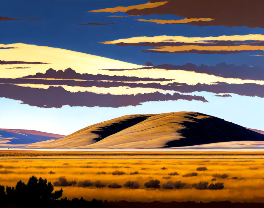 Colorful sunset sky over silhouetted hill and golden field