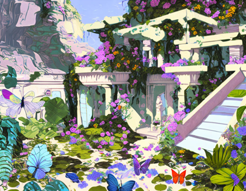 Colorful Flower Garden with Butterflies by Staircase and Archway