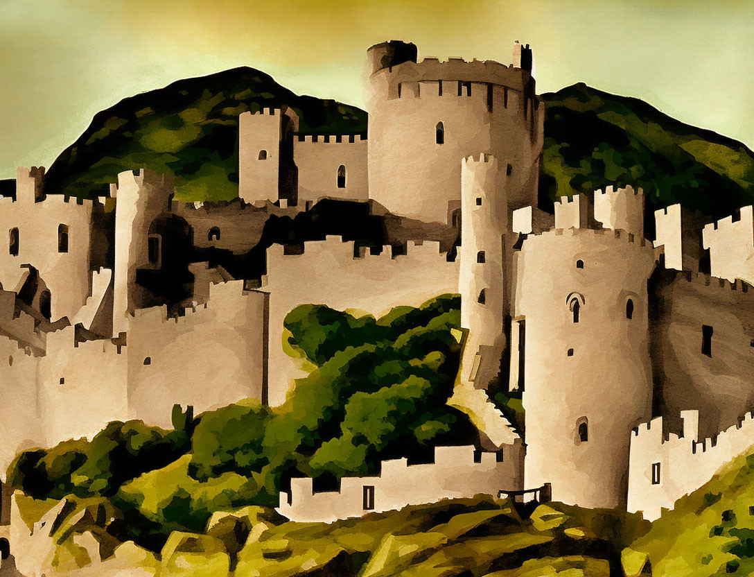 Imposing Castle Painting with Multiple Towers and Green Mountains