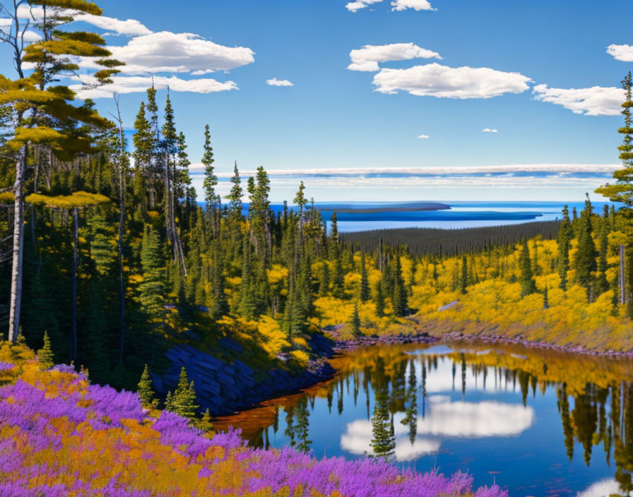 Tranquil lake with purple wildflowers and yellow trees under blue sky