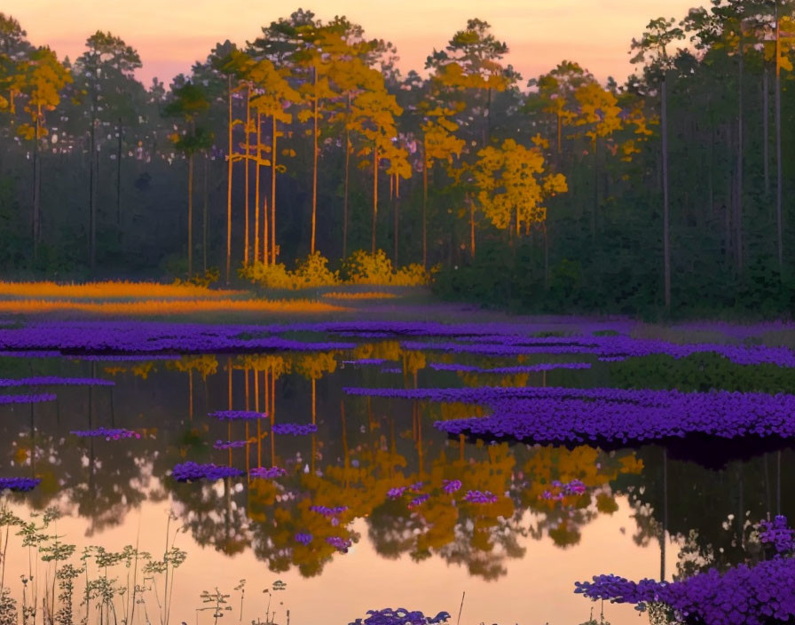 Tranquil forest and lake scene with warm twilight hues