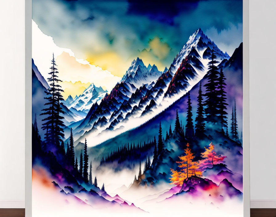 Mountain Peaks Watercolor Painting with Sunset Sky and Evergreen Trees on Easel