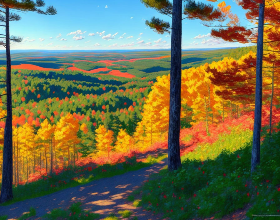 Colorful Autumn Forest with Rolling Hills and Dirt Path