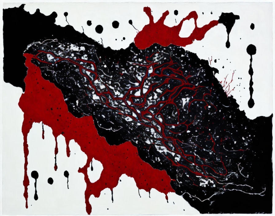 Chaotic black and red abstract art with intricate vein-like structures