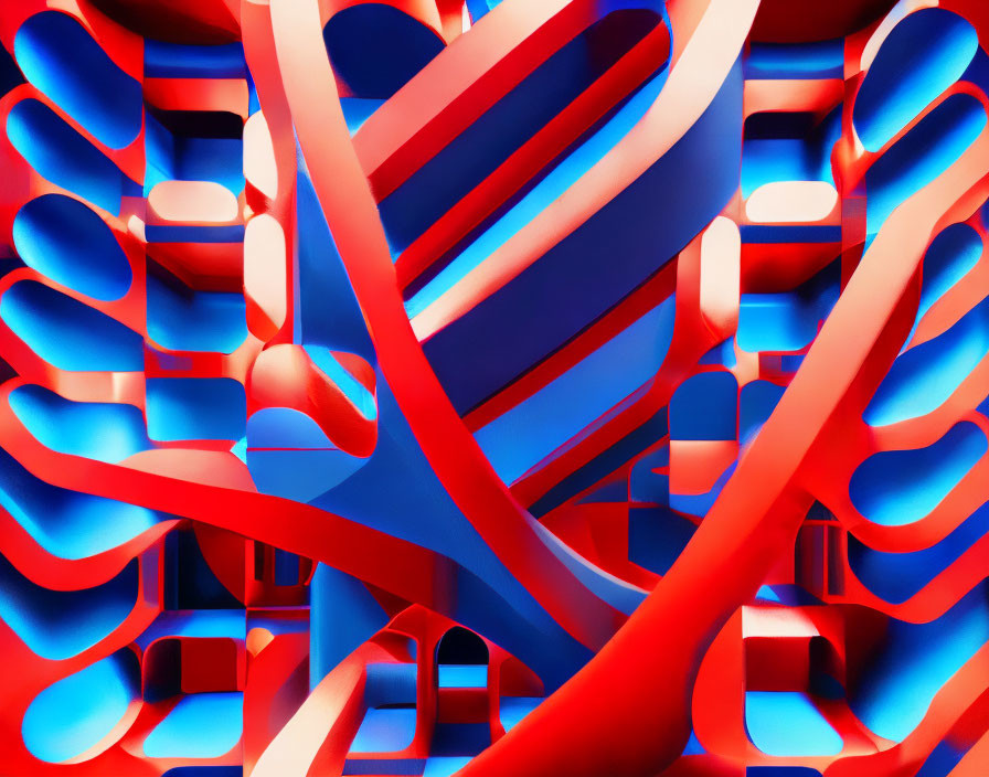 Interwoven red and blue ribbon structures in abstract 3D illustration