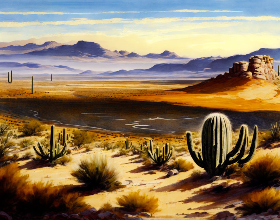 Vibrant desert landscape with cacti, plains, and mountain ridges