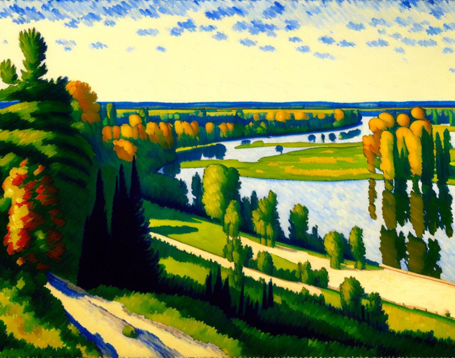 Colorful Landscape Painting: Vibrant River, Greenery, Trees, Blue Sky