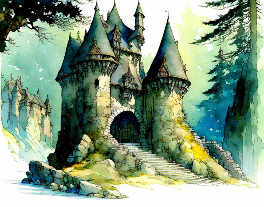 Whimsical castle with pointed towers in forest, watercolor style