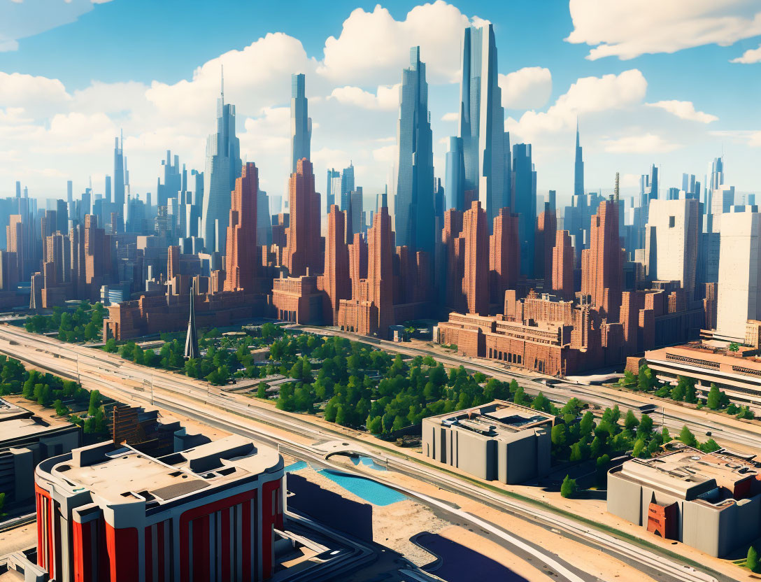 Futuristic cityscape with skyscrapers, roads, and greenery