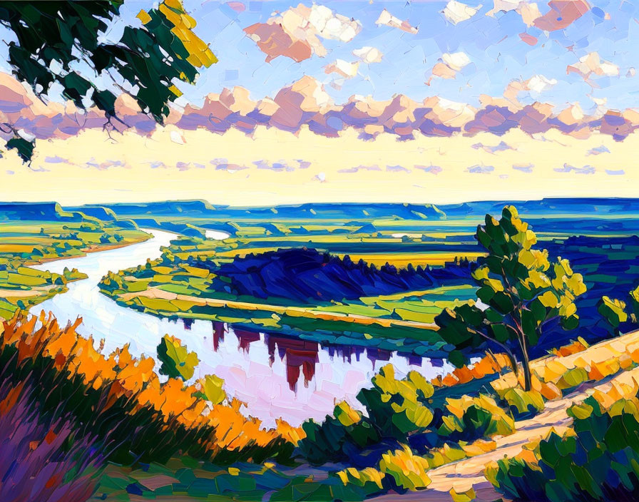 Colorful River Landscape: Vibrant Oil Painting of Serene Scene