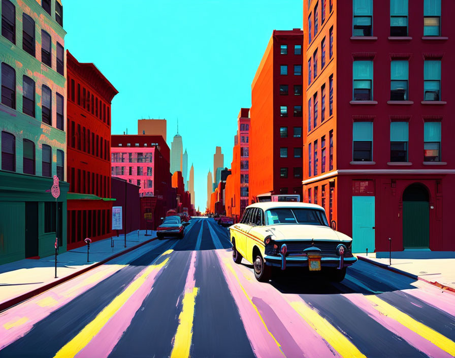 Vibrant vintage car illustration on sunny city street