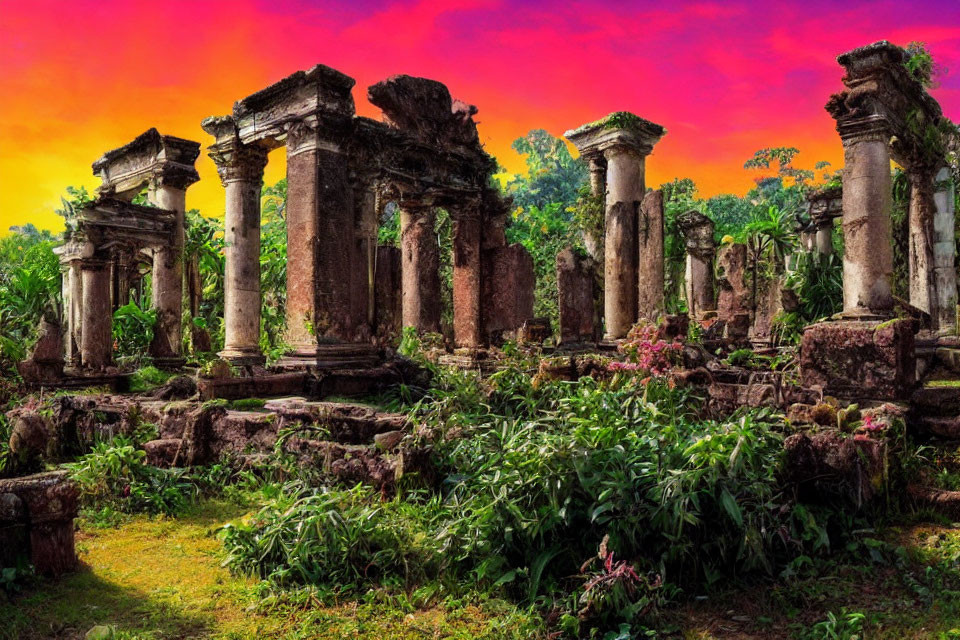 Ancient stone columns and arches in lush greenery at sunset