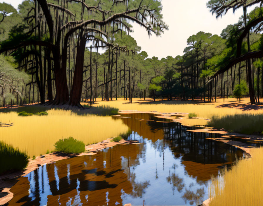 Tranquil forest landscape with tall pine trees and reflective water body