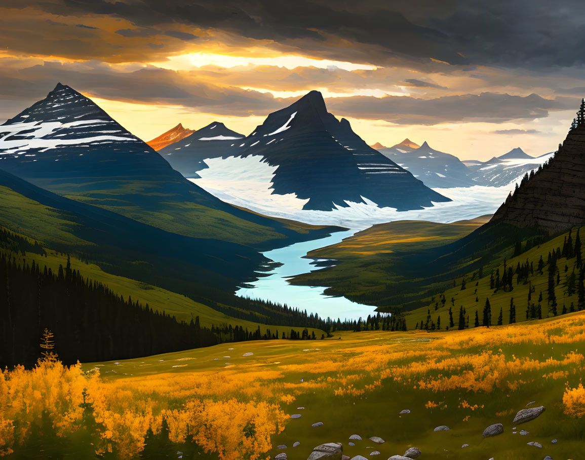 Scenic sunset landscape: golden meadows, winding river, mountain backdrop, dramatic sky