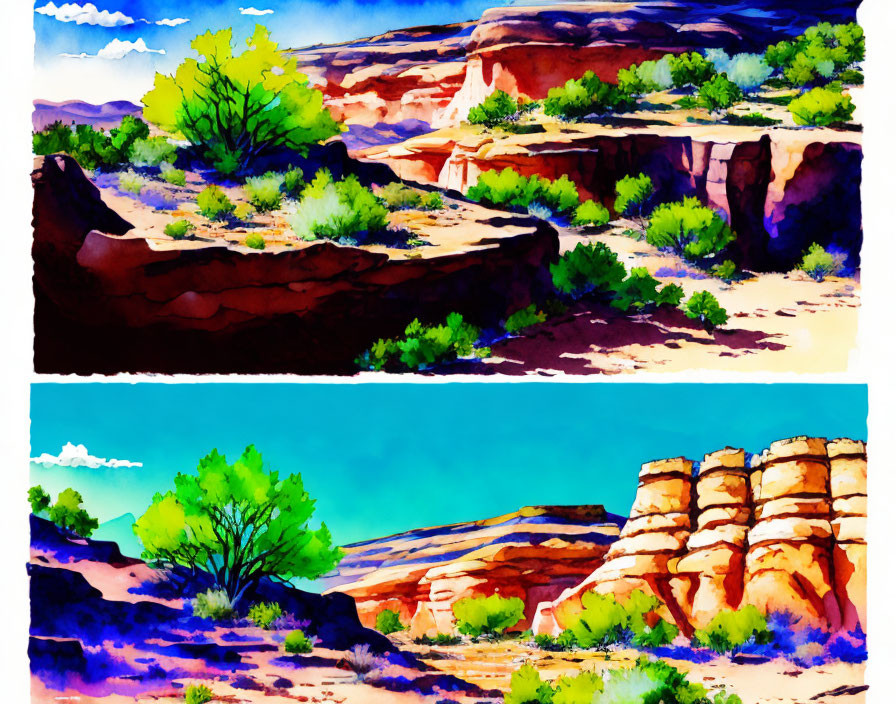 Desert landscape watercolor painting with blue skies and rocky formations