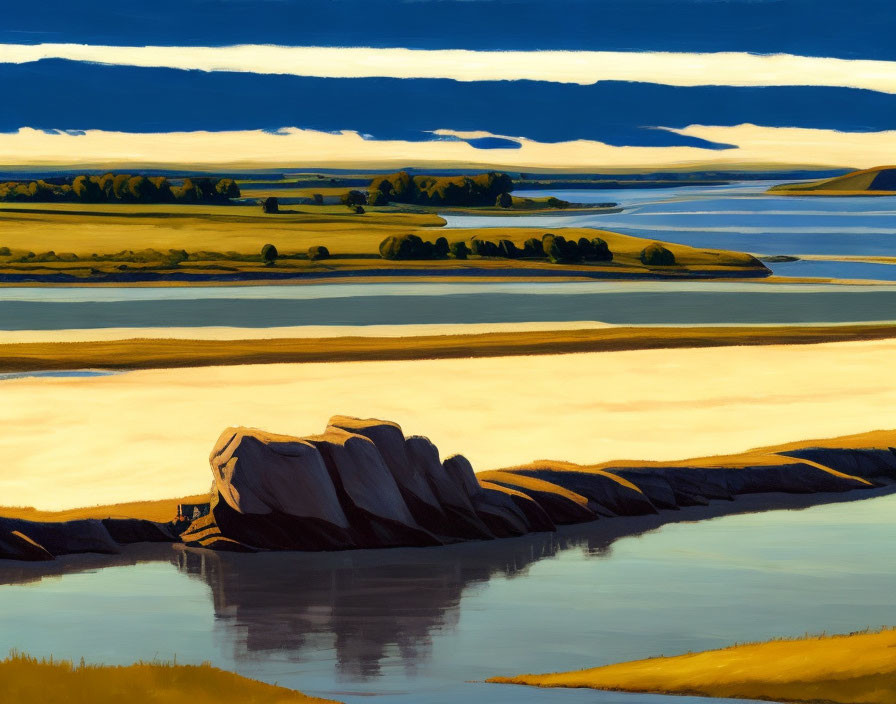 Stylized landscape painting of serene river with golden banks