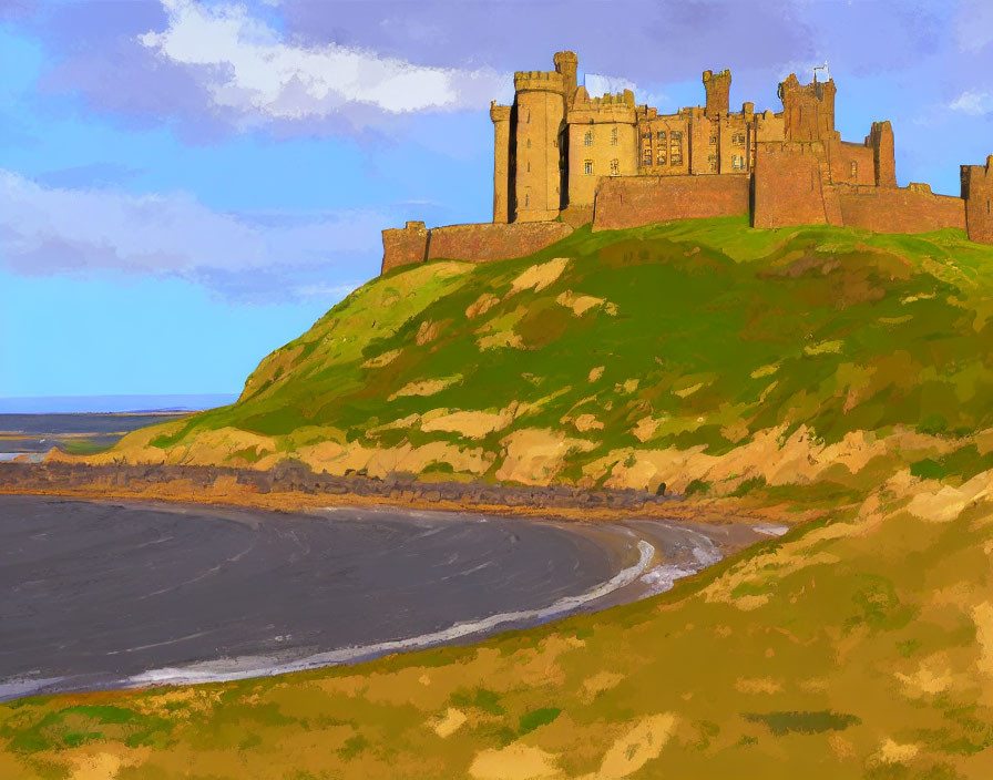 Historic castle on grassy hill overlooking curved shoreline