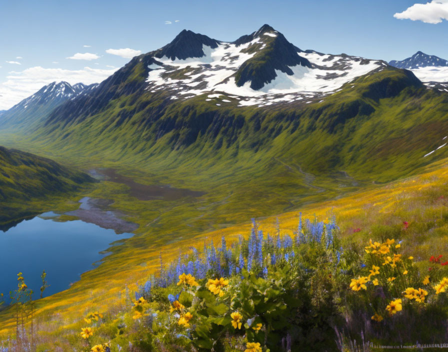 Snow-capped peaks, blue lake, green valleys, wildflowers in a mountain landscape