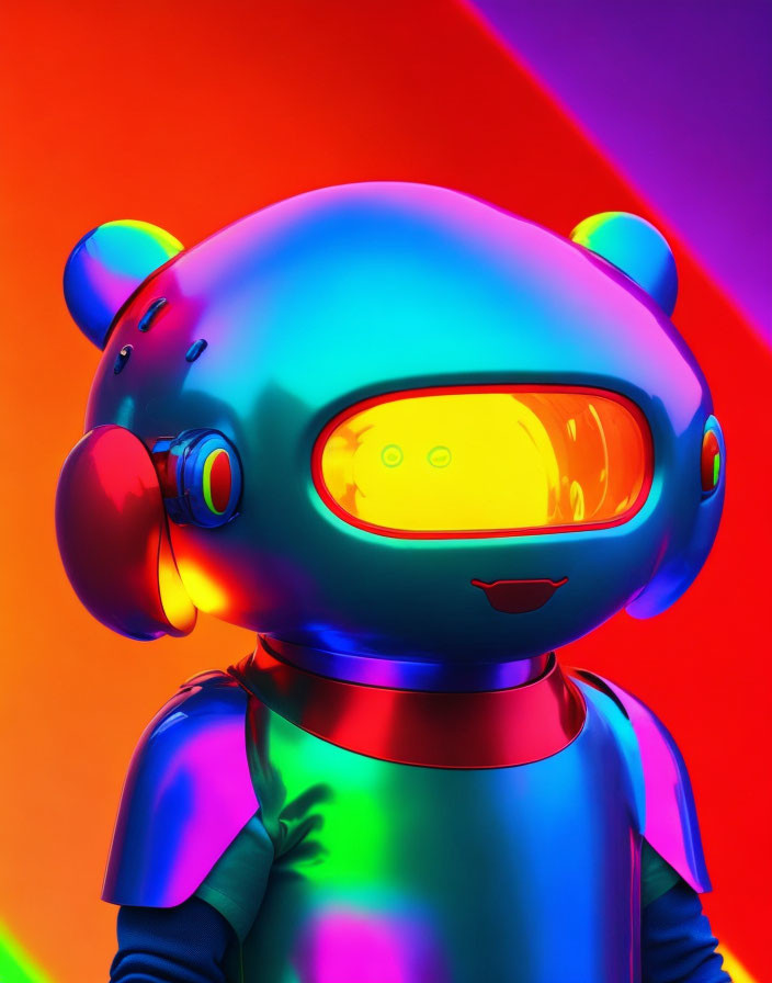 Colorful futuristic robot with bear-like head on vibrant red and orange background