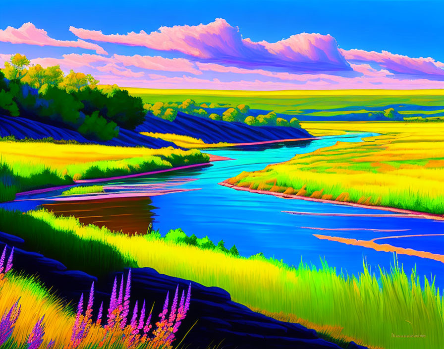 Colorful landscape with blue river, golden fields, and purple-pink sky