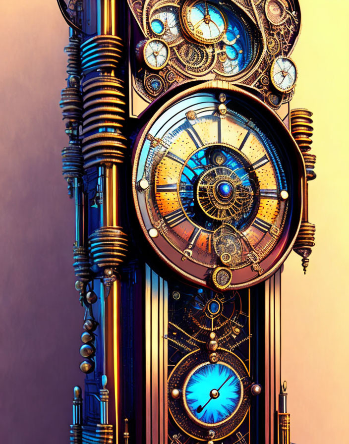 Steampunk clock with gears, pipes, and dials on purple-orange gradient.