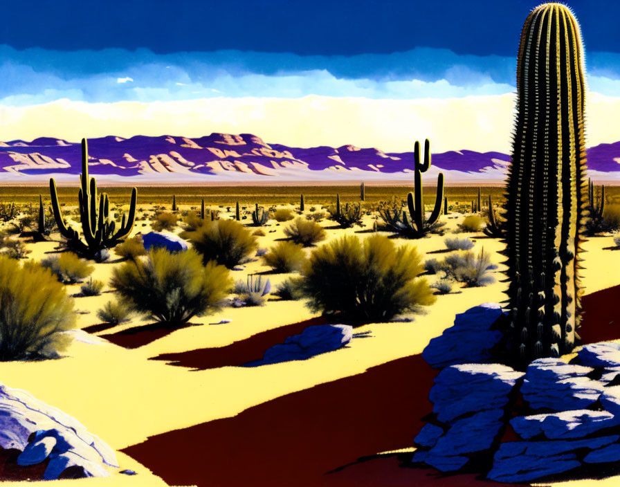 Colorful desert landscape with cacti, shrubs, sandy path, and mountains