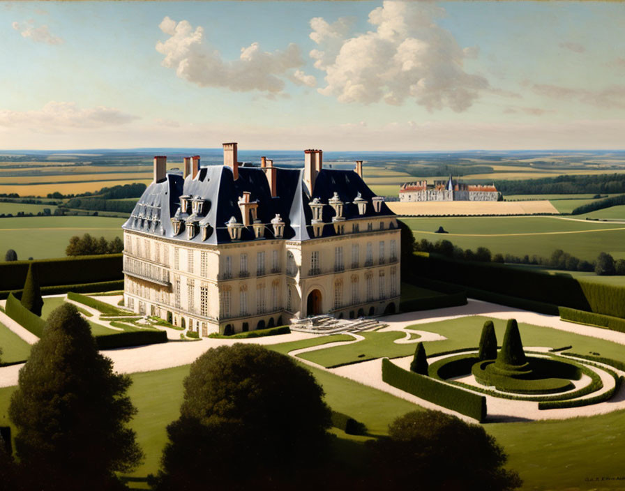 French Château de Maisons painting with gardens and countryside landscape