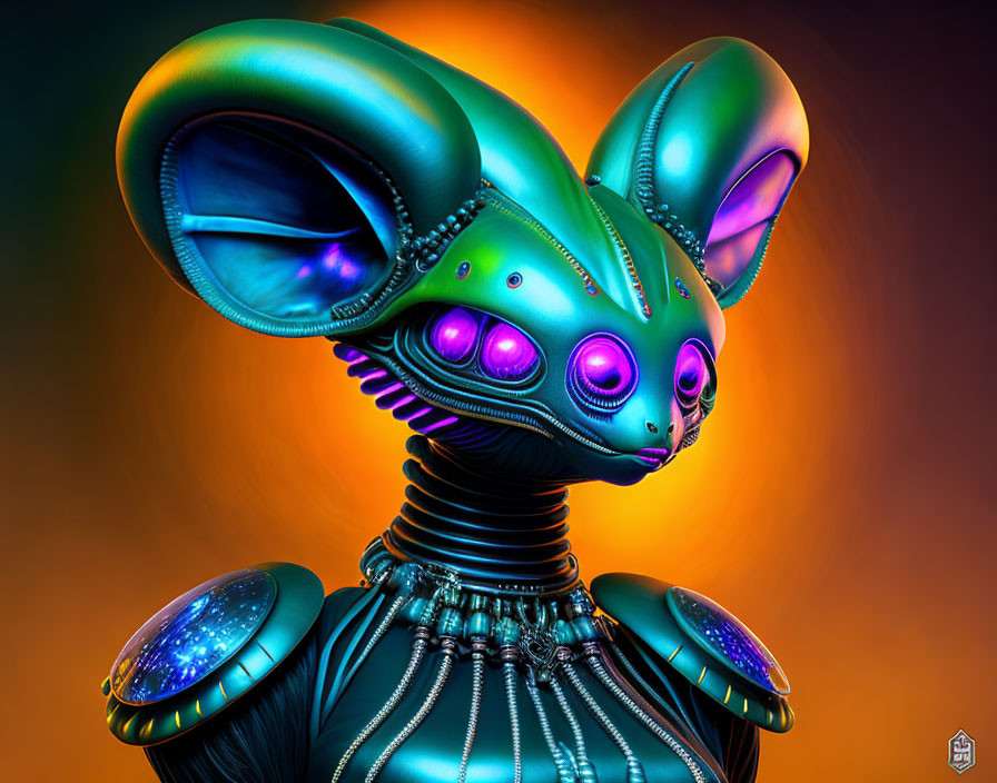 Colorful digital artwork of a robotic creature with large ears and purple eyes on gradient background