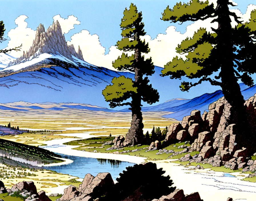 Illustrated vibrant landscape with mountains, pine trees, river, grasslands