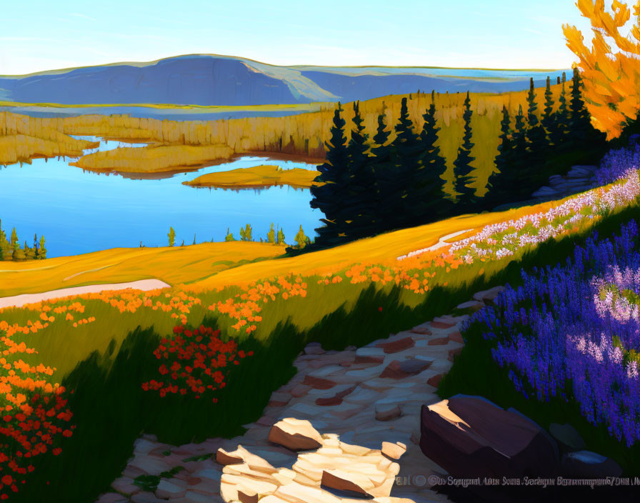 Colorful Landscape Painting: Serene Lake with Wildflowers, Trees, and Hills