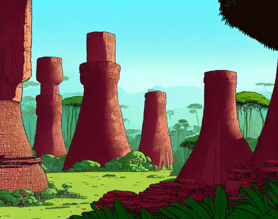 Fantastical landscape with red tree-like structures & ancient ruins