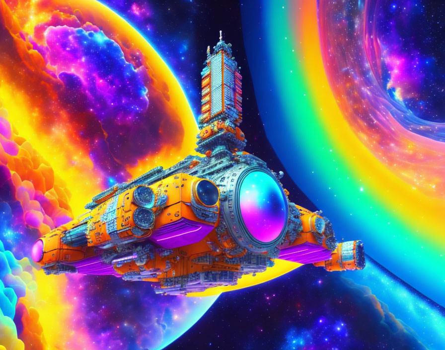 Detailed Spaceship Soaring Past Colorful Space Scene