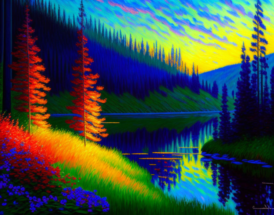 Vivid sunset landscape with colorful blues and yellows by tranquil lake