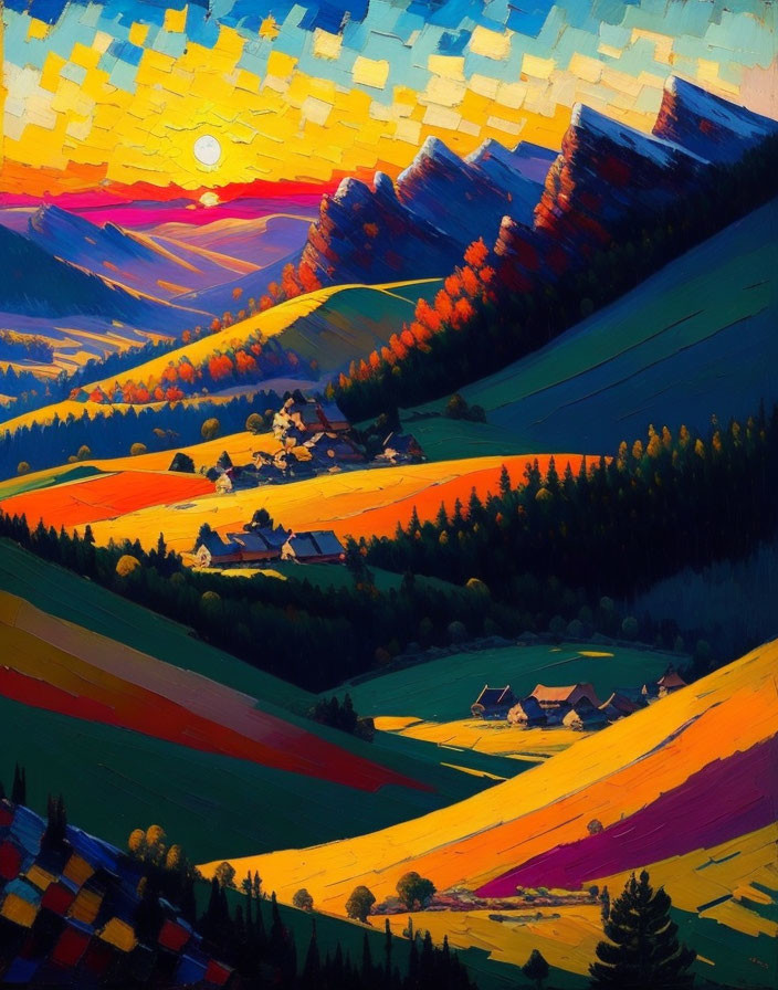 Colorful rural landscape painting featuring sunset, rolling hills, trees, and houses.