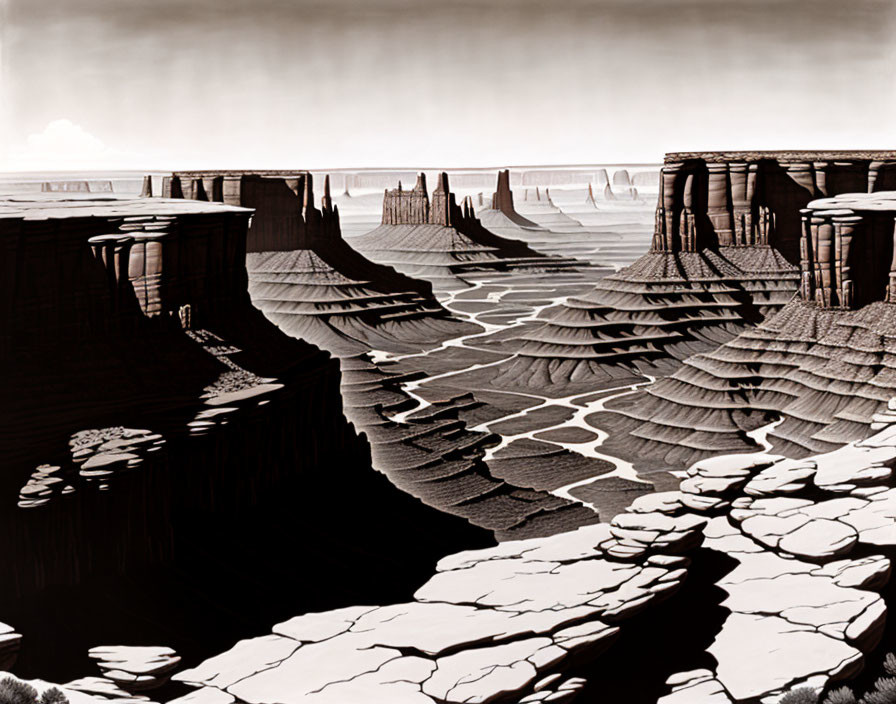 Monochrome desert landscape with mesas and intricate patterns