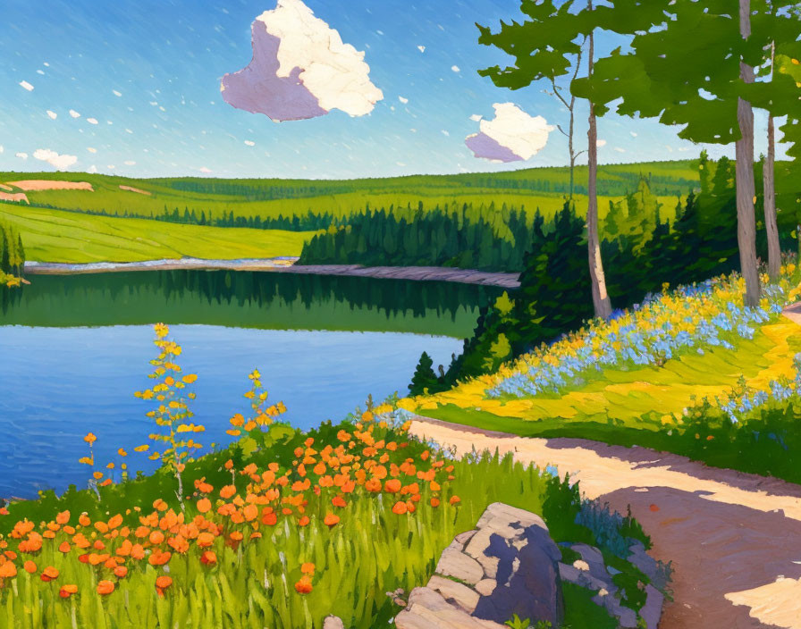 Serene lakeside painting with lush greenery and wildflowers