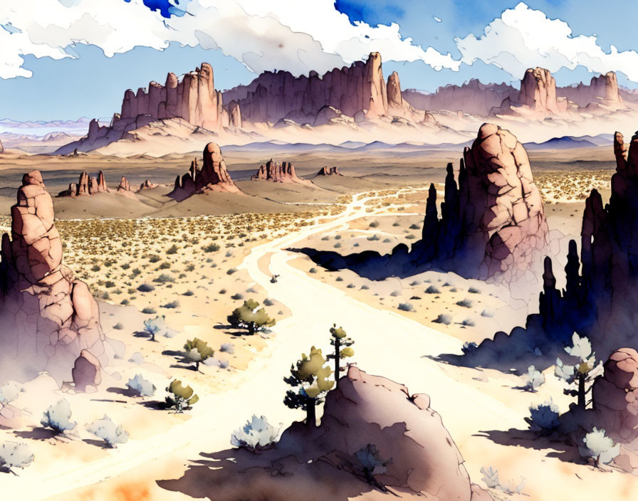 Desert landscape with rock formations, road, and vegetation